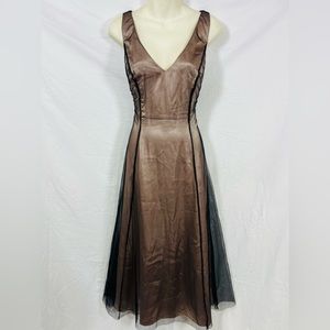 Papell Boutique Evening Gown Black Beige Mesh Overlay A-Line